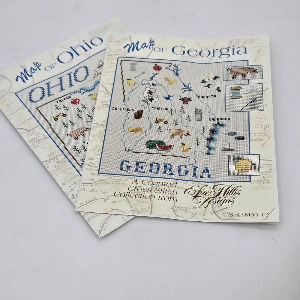 Sue Hillis Designs Counted Cross Stitch God Bless America Map of Ohio & Georgia